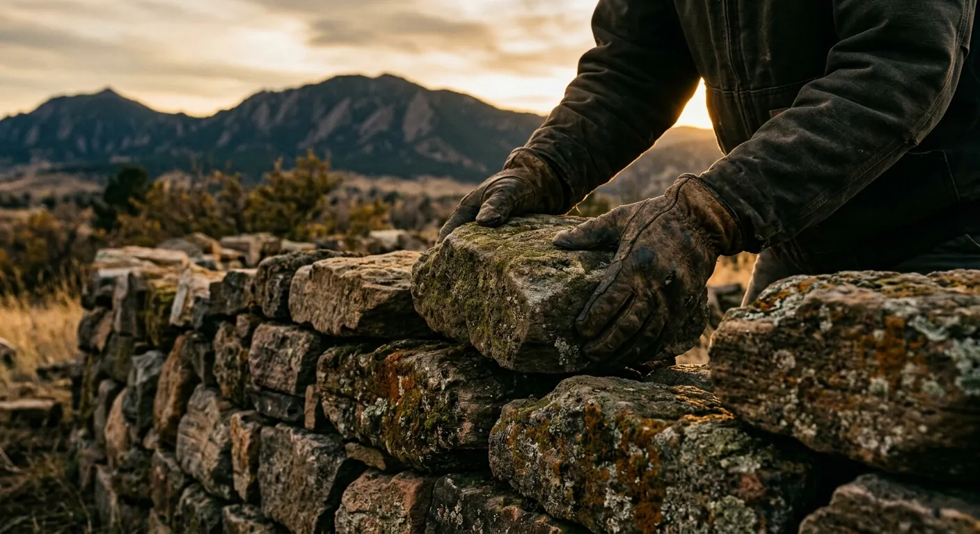 Hands laying a dry stone wall