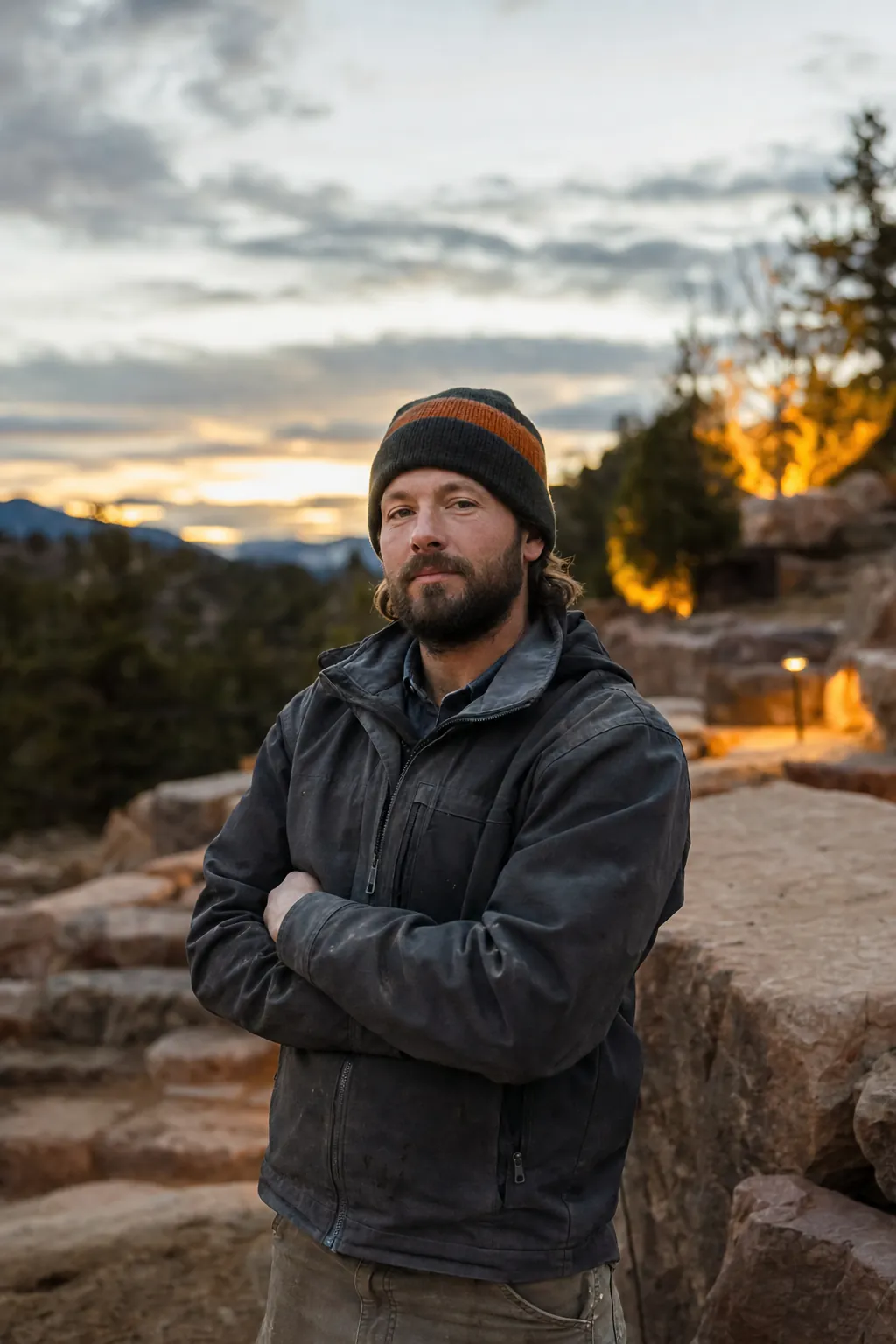 Ridgeline foreman on a boulder terrace at dusk