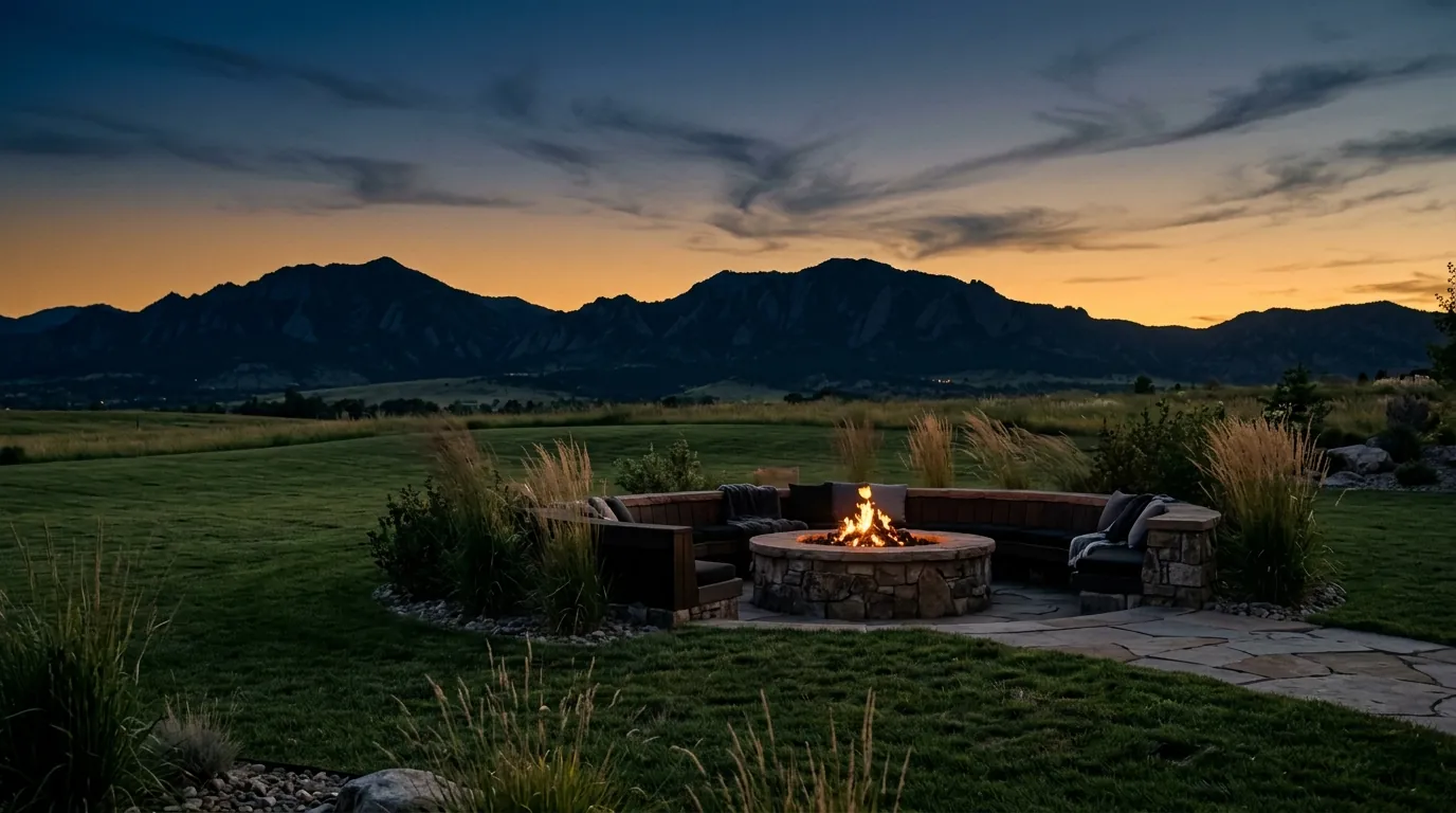 Mountain-modern fire pit terrace at dusk with Front Range silhouette