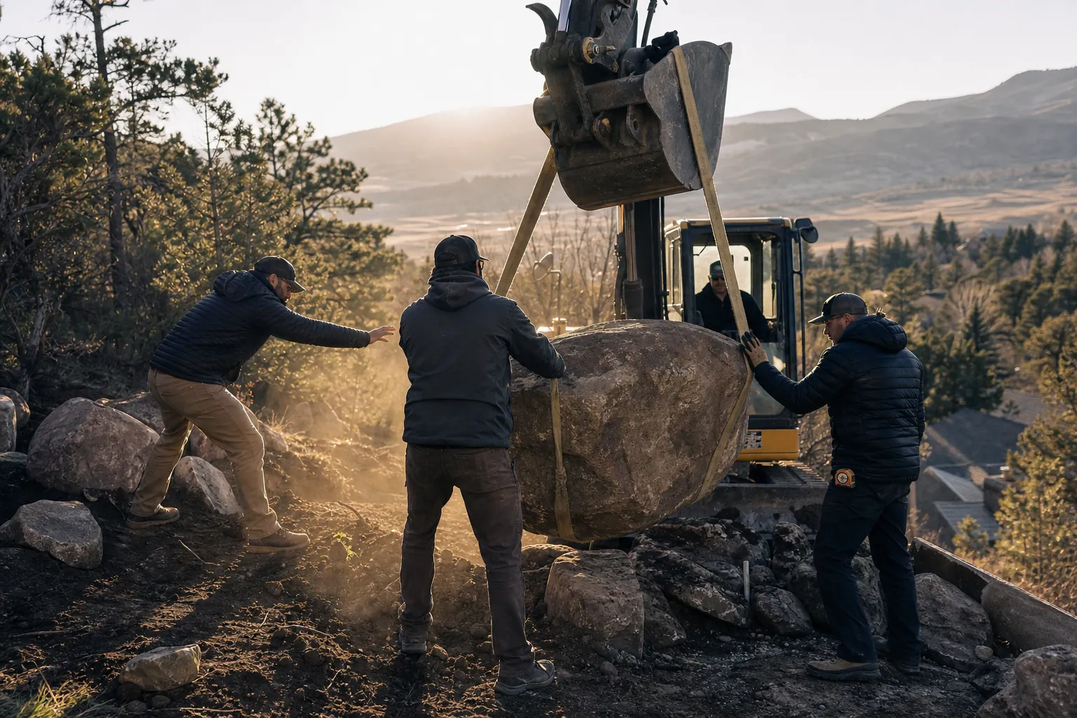 Crew placing a boulder with a mini excavator